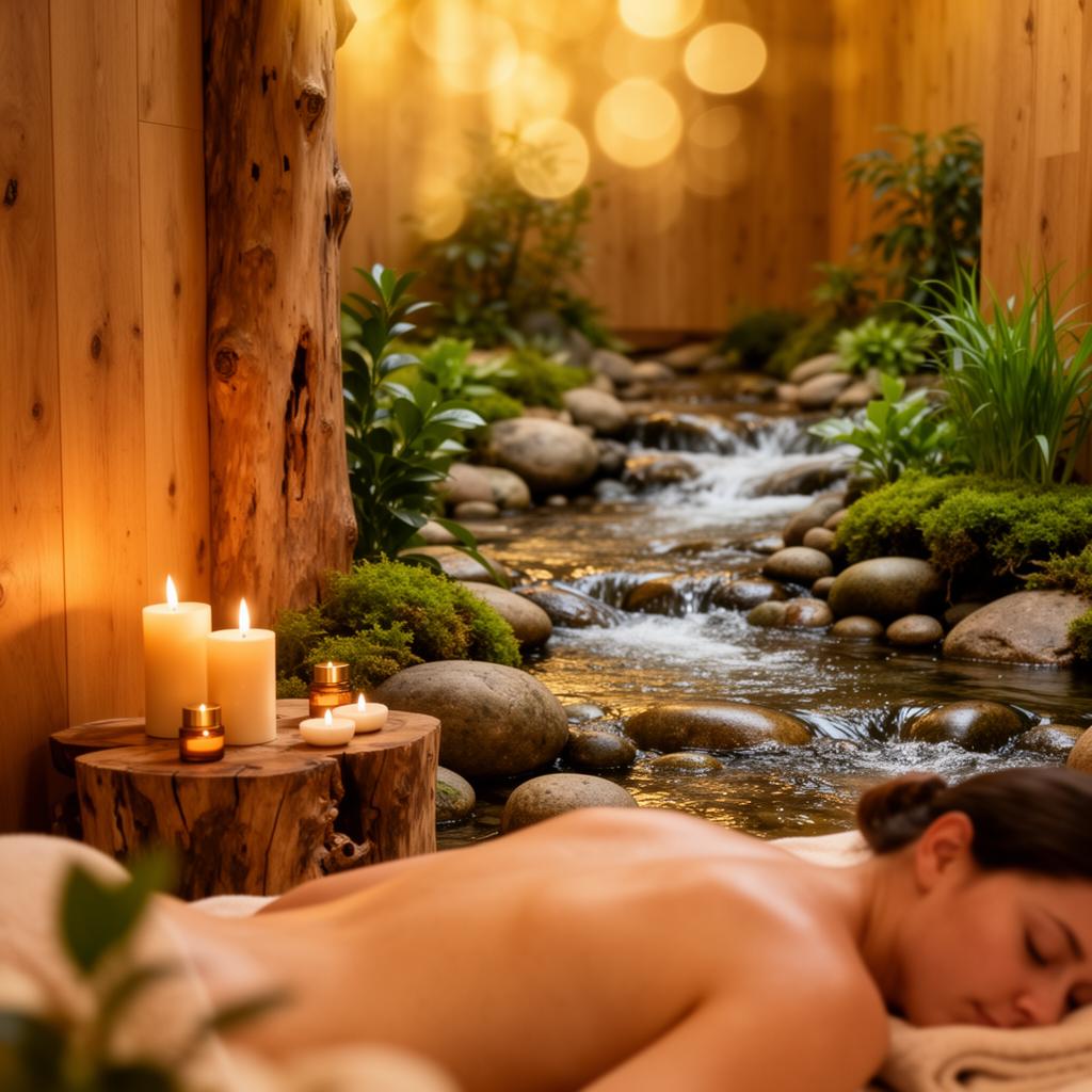 Atmosfera di pace e benessere — acqua che scorre delicata tra le pietre, luce calda e naturale